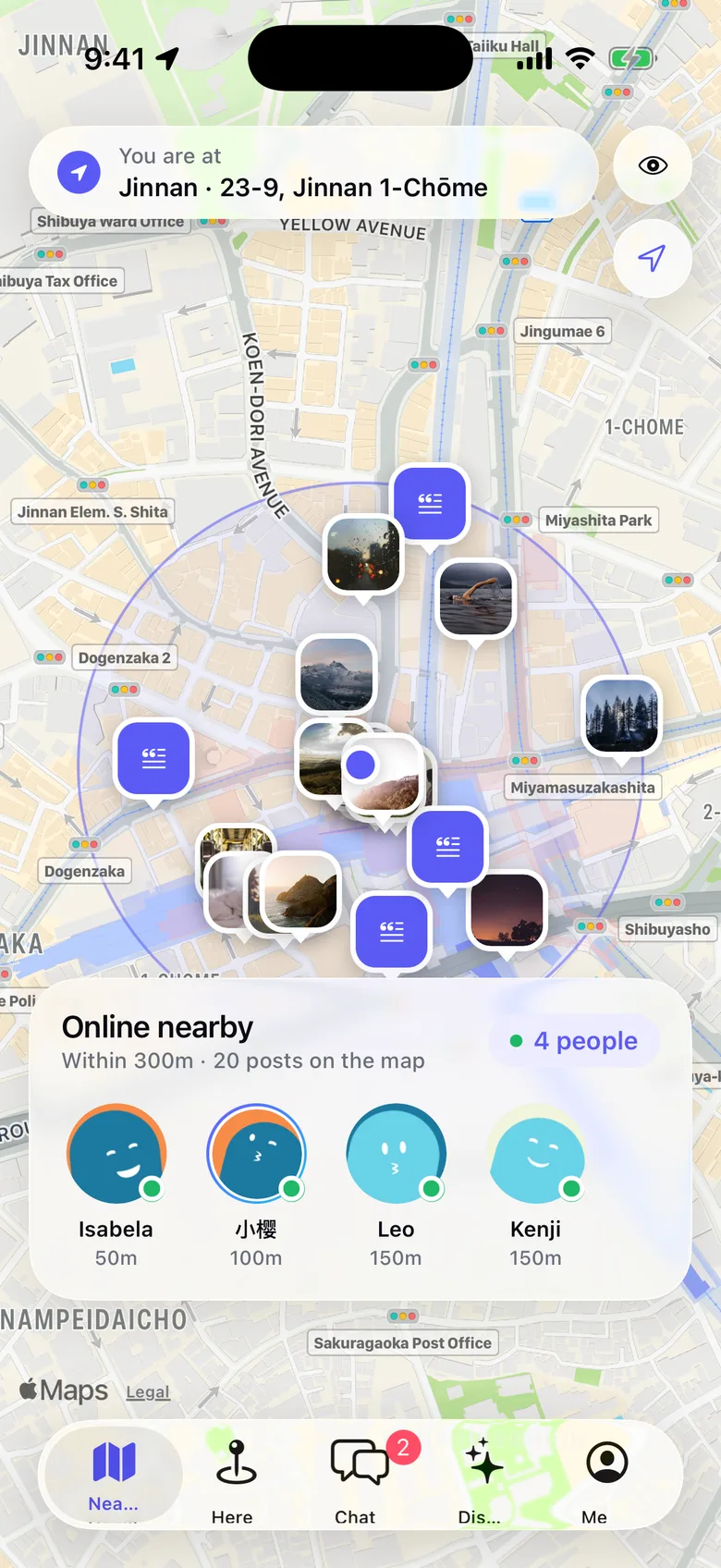 MemoExpo map showing people and posts nearby